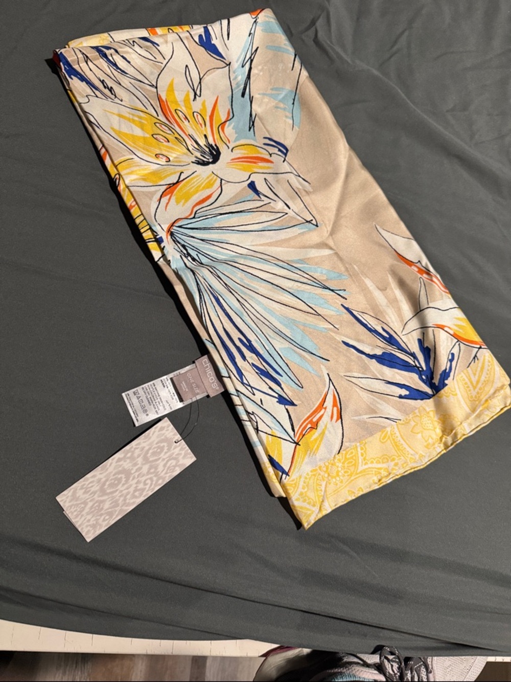 Chicos Floral Silk Scarf in Beige, Yellow & Blue